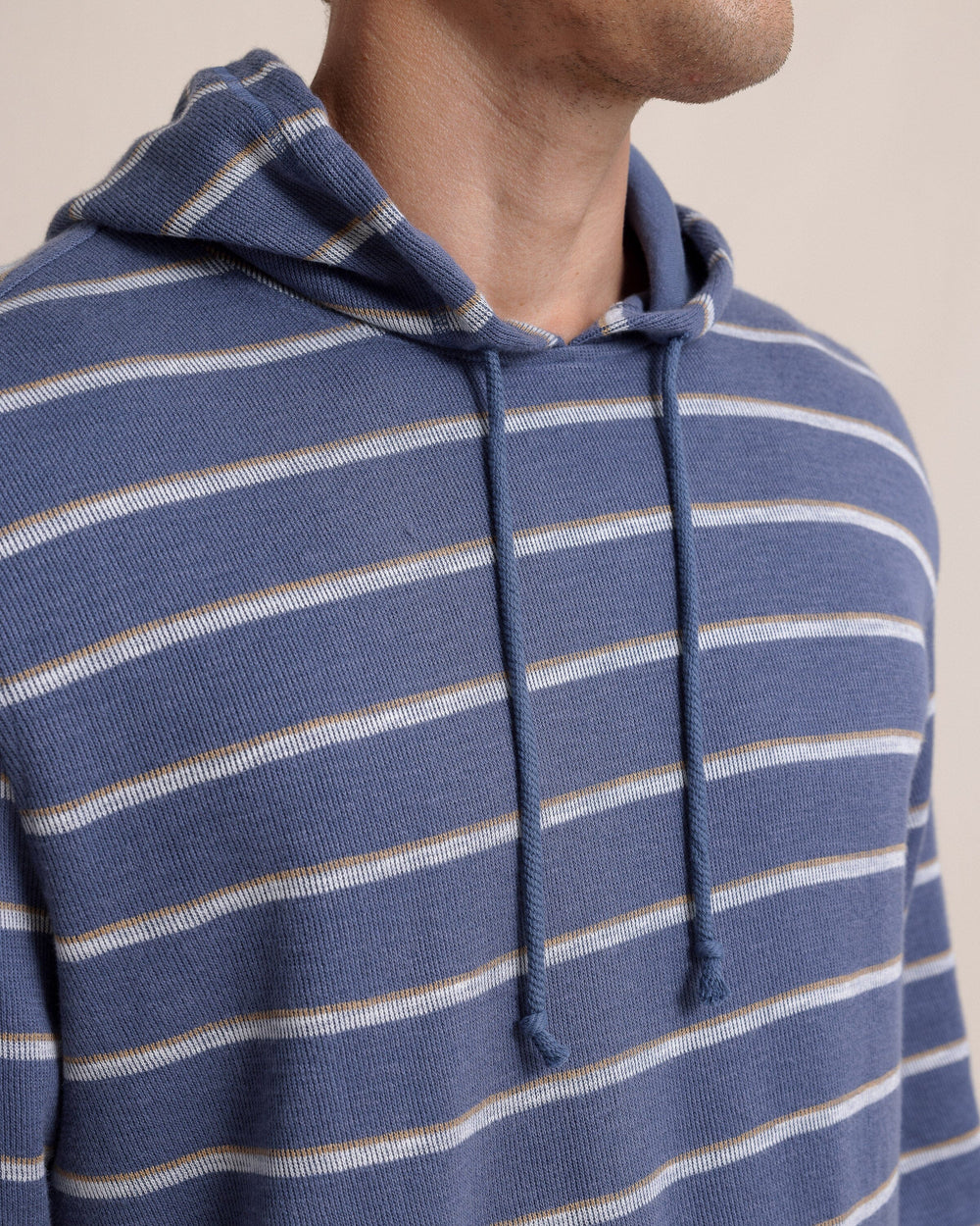 The detail view of the Southern Tide Bay View Stripe Hoodie by Southern Tide - Light Indigo