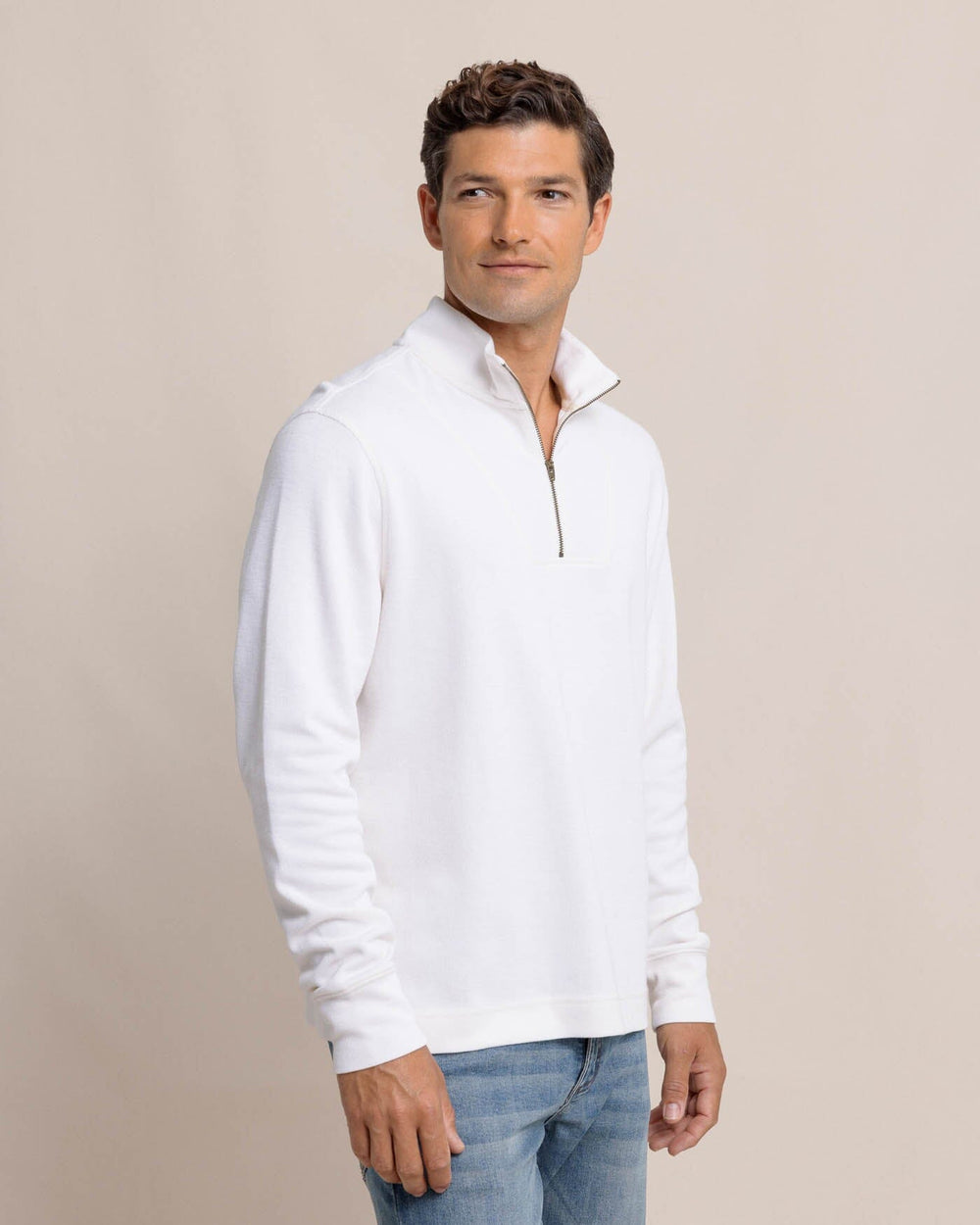 The front view of the Southern Tide Bayberry Quarter Zip by Southern Tide - Sand White