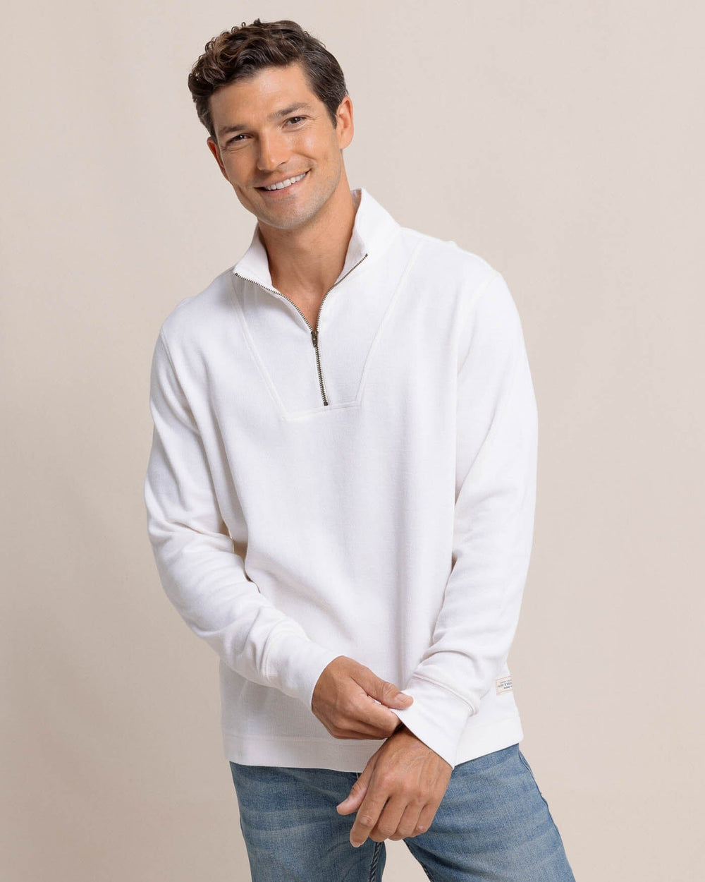 The front view of the Southern Tide Bayberry Quarter Zip by Southern Tide - Sand White