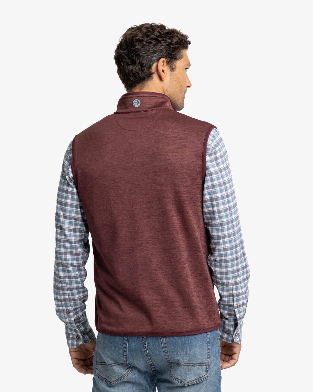 The back view of the Southern Tide Baybrook Heather Vest by Southern Tide - Heather Bordeaux Red