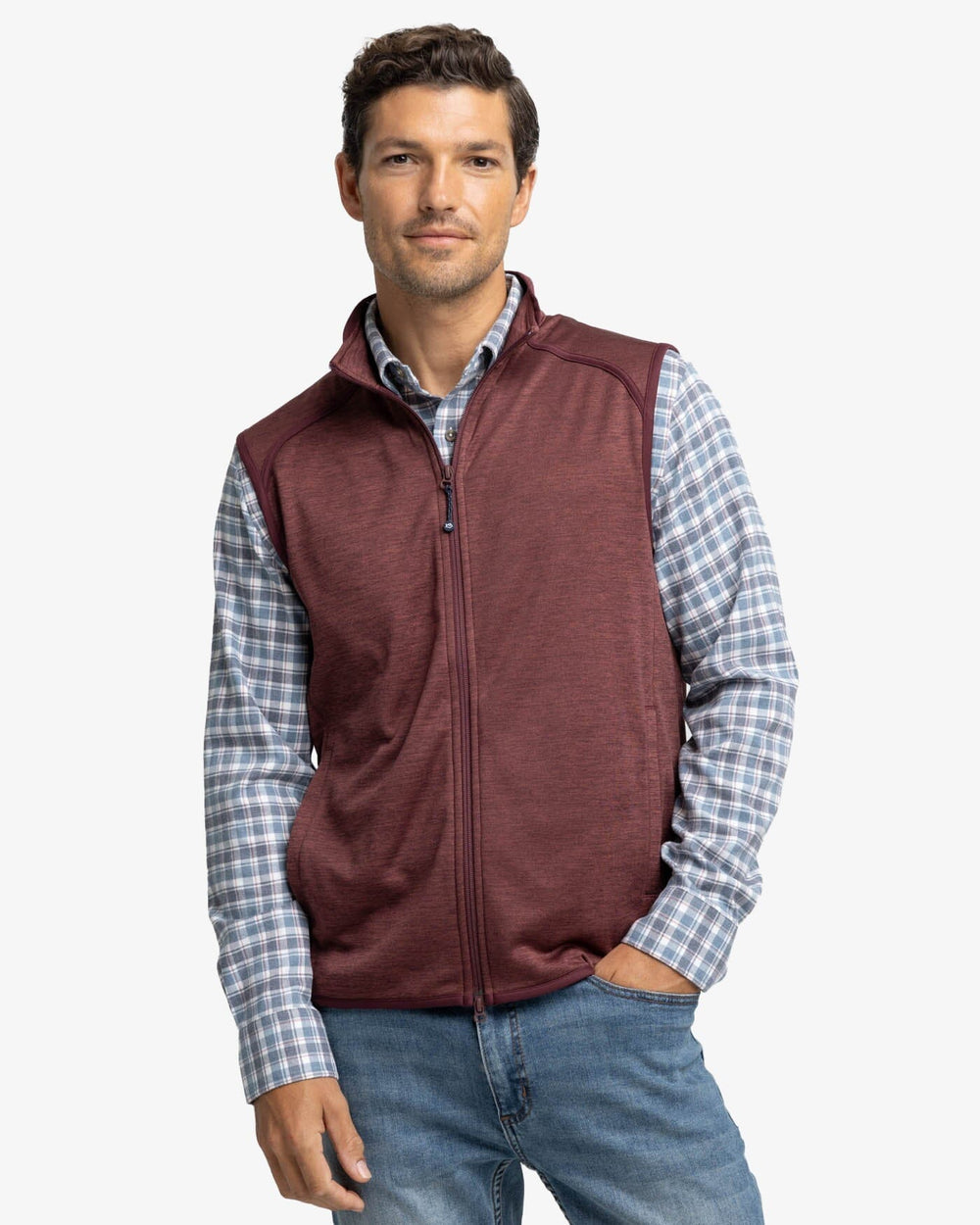 The front view of the Southern Tide Baybrook Heather Vest by Southern Tide - Heather Bordeaux Red