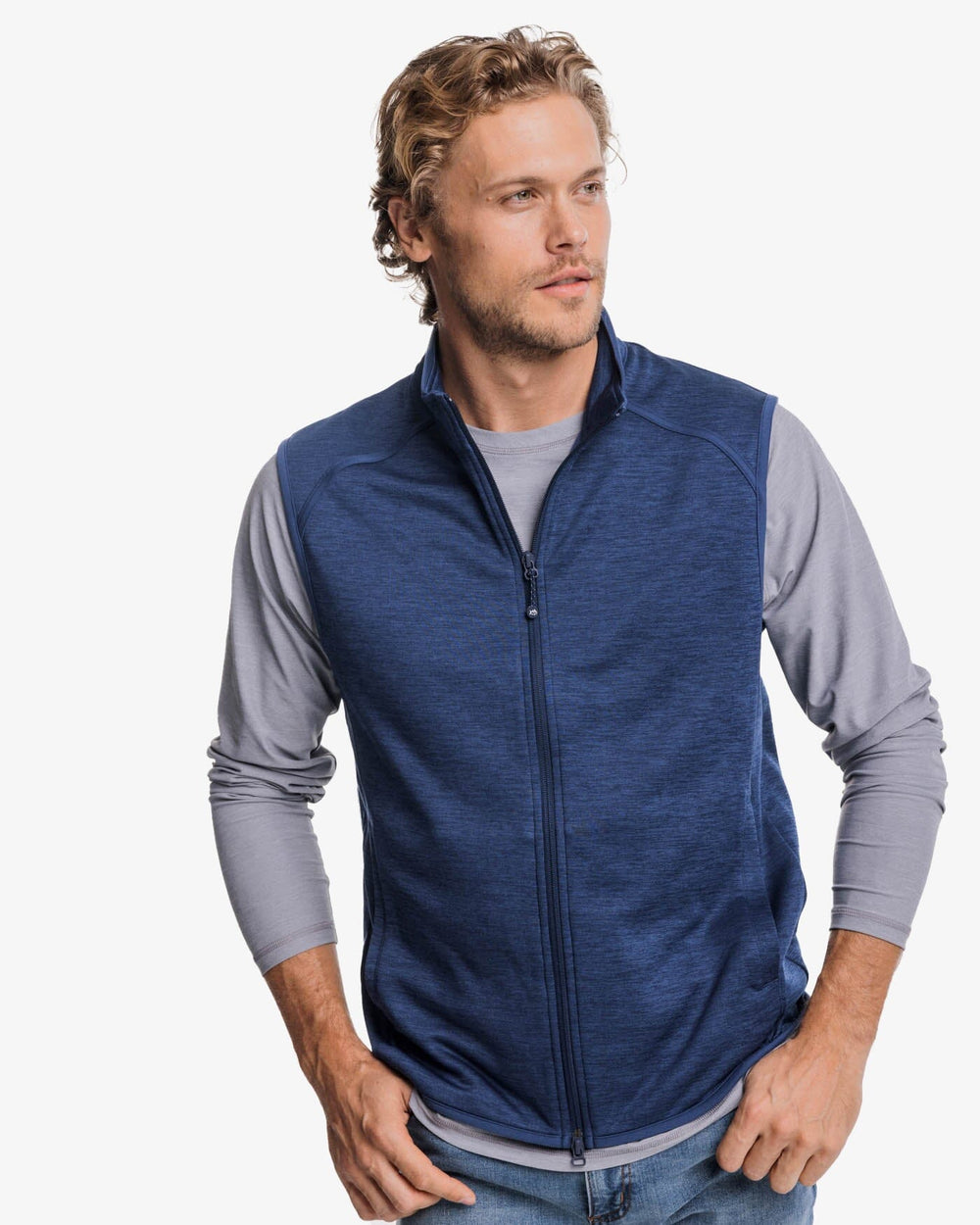 The front view of the Southern Tide Baybrook Heather Vest by Southern Tide - Heather Navy