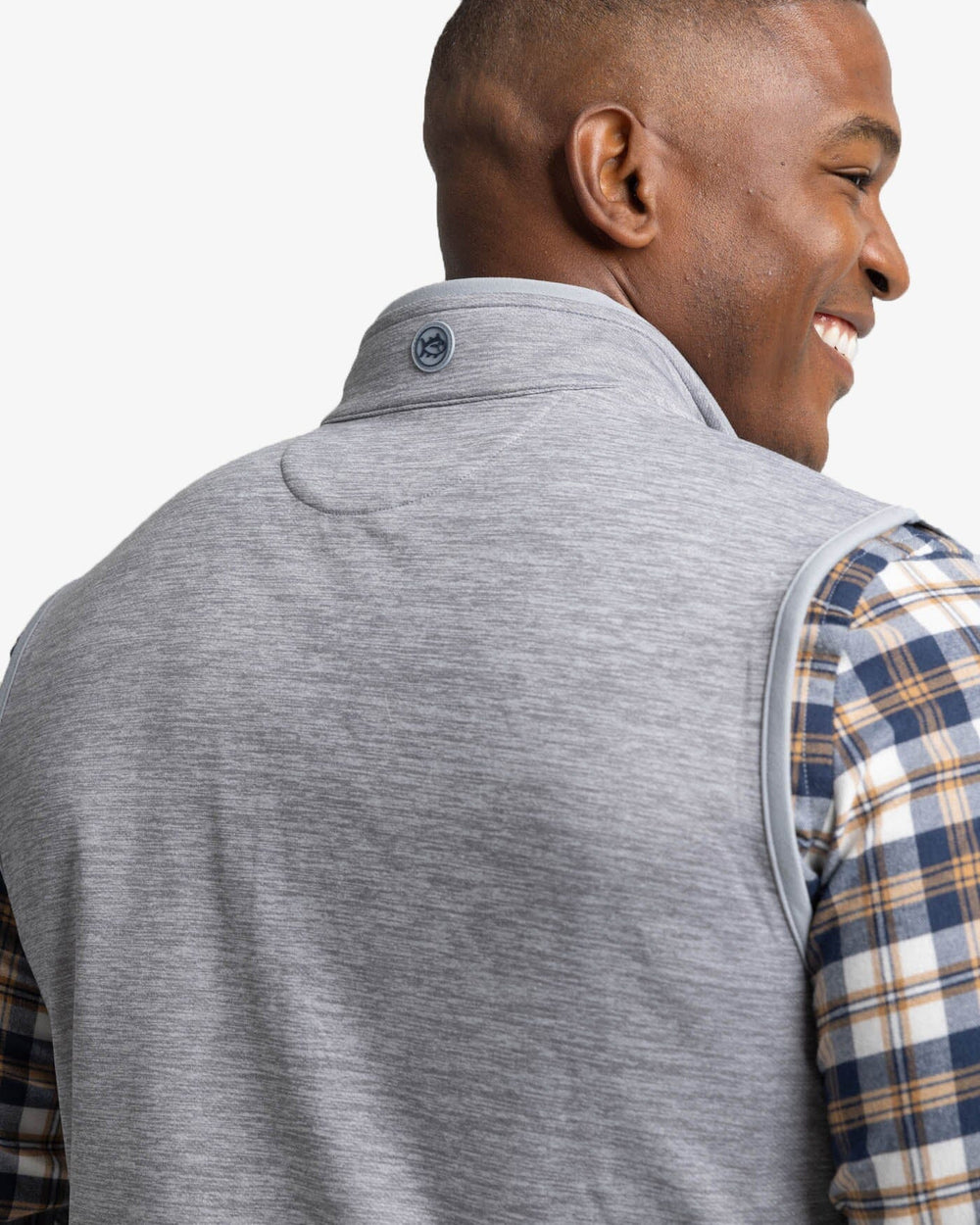 The back view of the Southern Tide Baybrook Heather Vest by Southern Tide - Heather Ultimate Grey