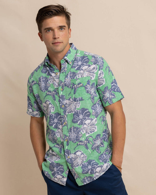 The front view of the Southern Tide Beach Blooms Linen Rayon Short Sleeve Sport Shirt by Southern Tide - Lawn Green
