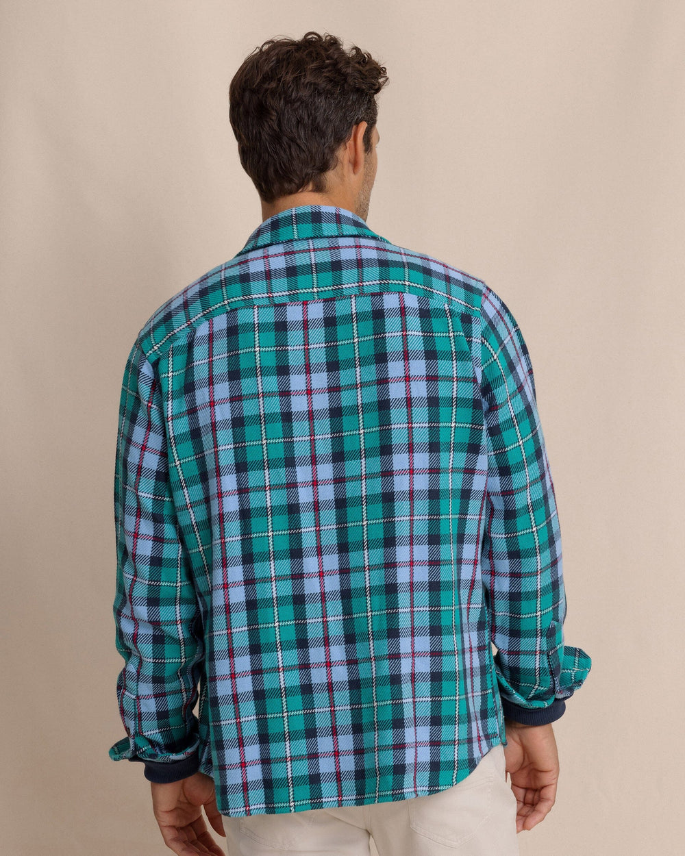 The back view of the Southern Tide Beach Bluff Plaid Twill Shirt by Southern Tide - Spruce Shade