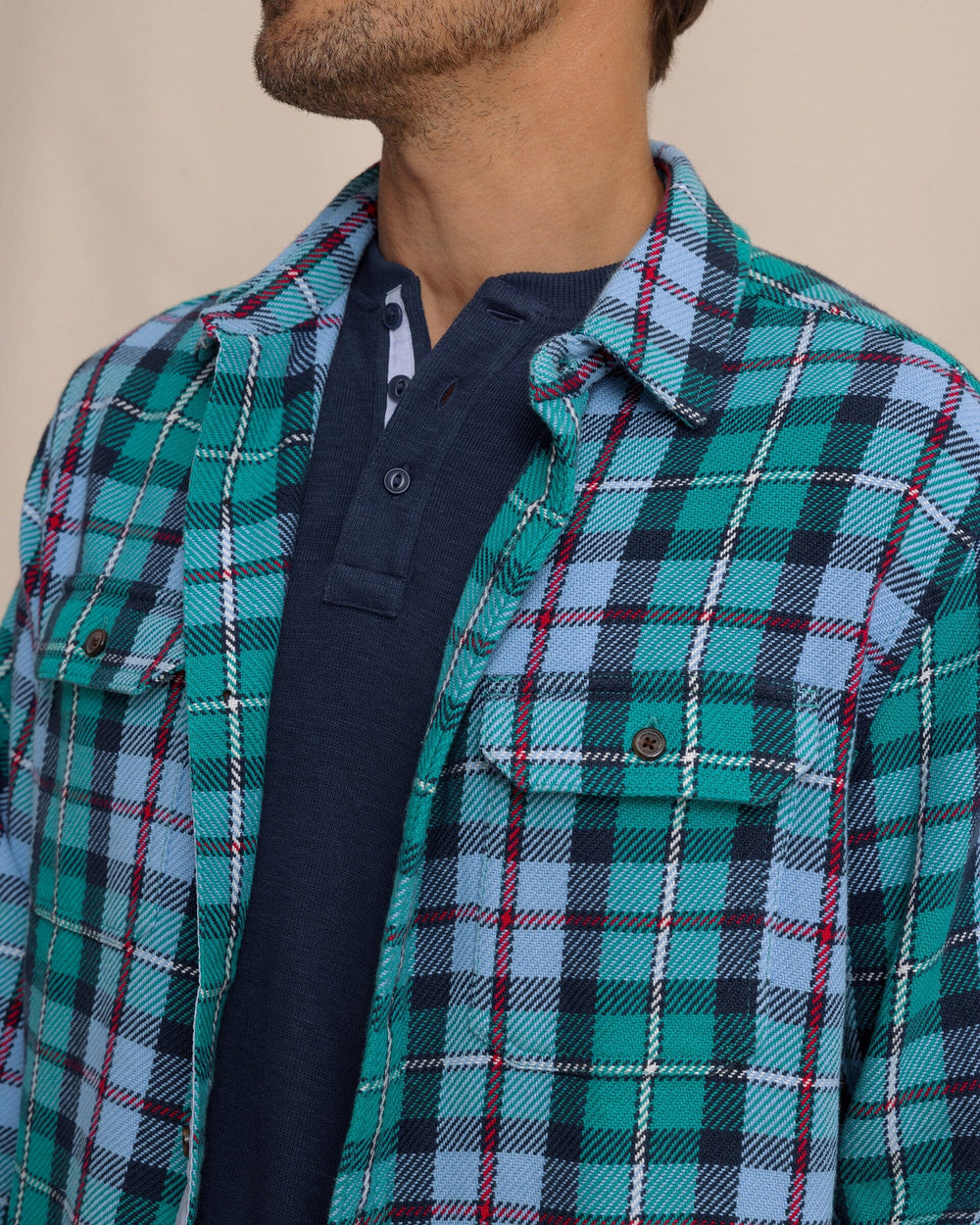 The detail view of the Southern Tide Beach Bluff Plaid Twill Shirt by Southern Tide - Spruce Shade
