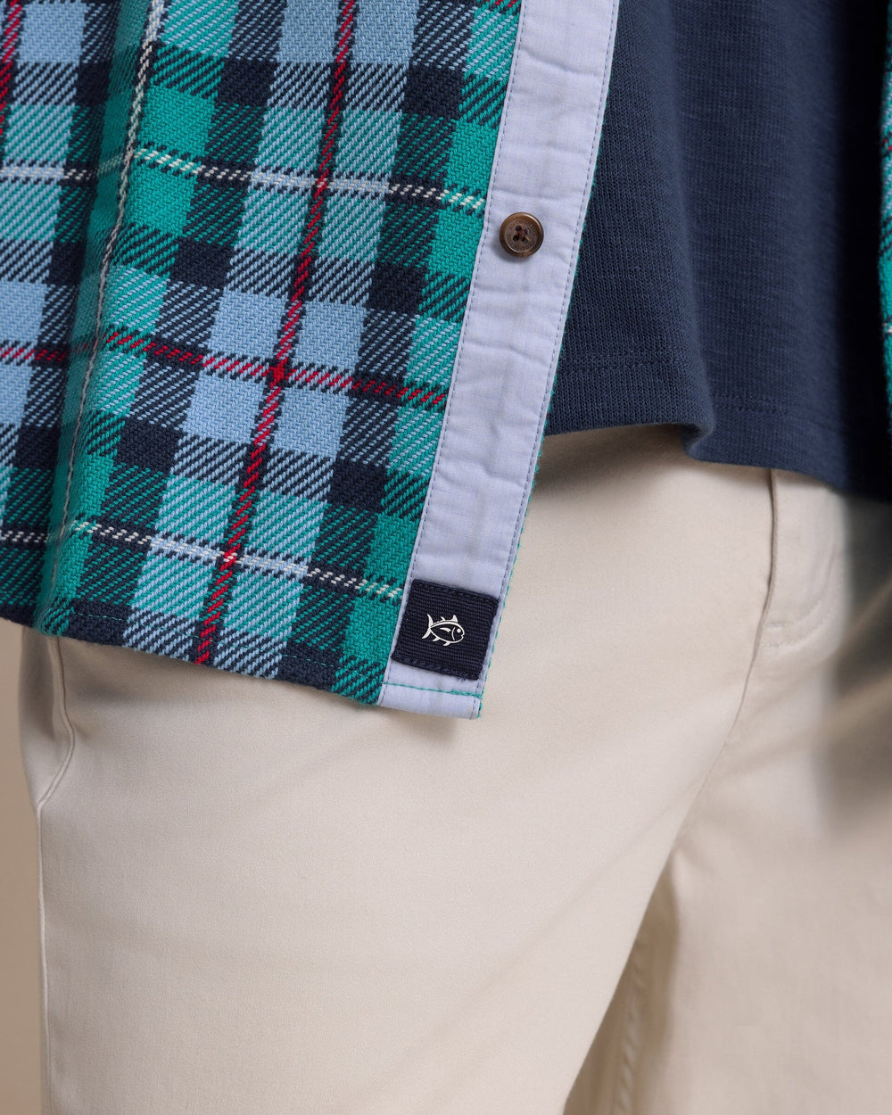 The detail view of the Southern Tide Beach Bluff Plaid Twill Shirt by Southern Tide - Spruce Shade