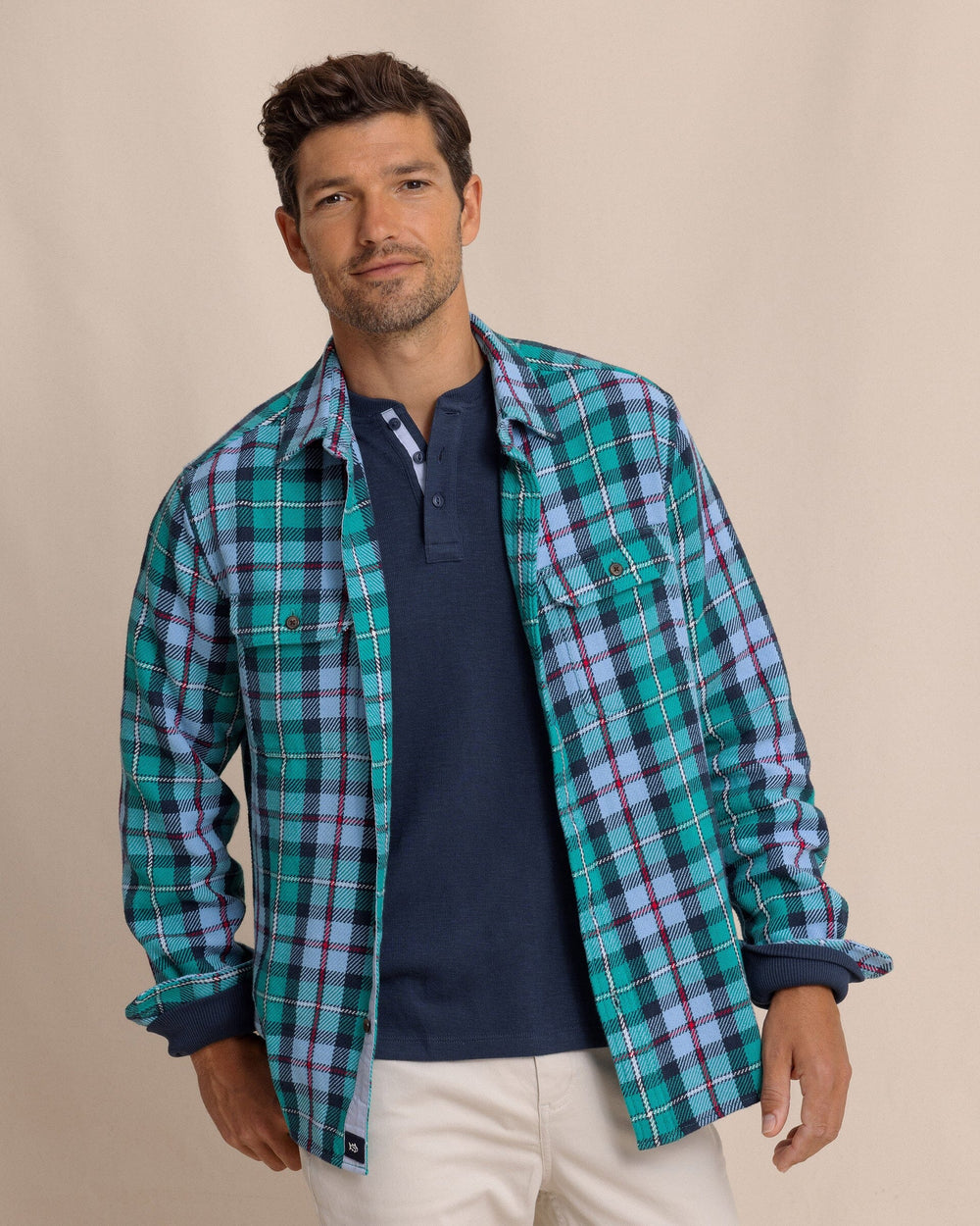 The front view of the Southern Tide Beach Bluff Plaid Twill Shirt by Southern Tide - Spruce Shade