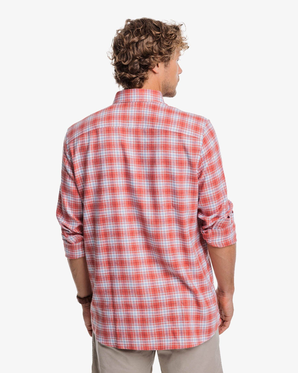 The back view of the Southern Tide Beach Flannel Heather Howland Plaid Sport Shirt by Southern Tide - Heather Dusty Coral