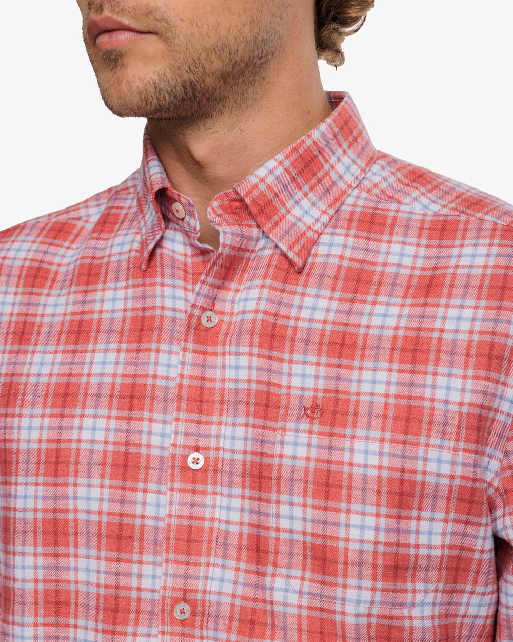 The detail view of the Southern Tide Beach Flannel Heather Howland Plaid Sport Shirt by Southern Tide - Heather Dusty Coral