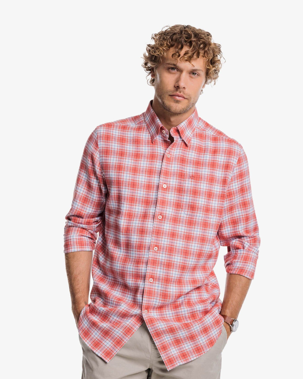 The front view of the Southern Tide Beach Flannel Heather Howland Plaid Sport Shirt by Southern Tide - Heather Dusty Coral