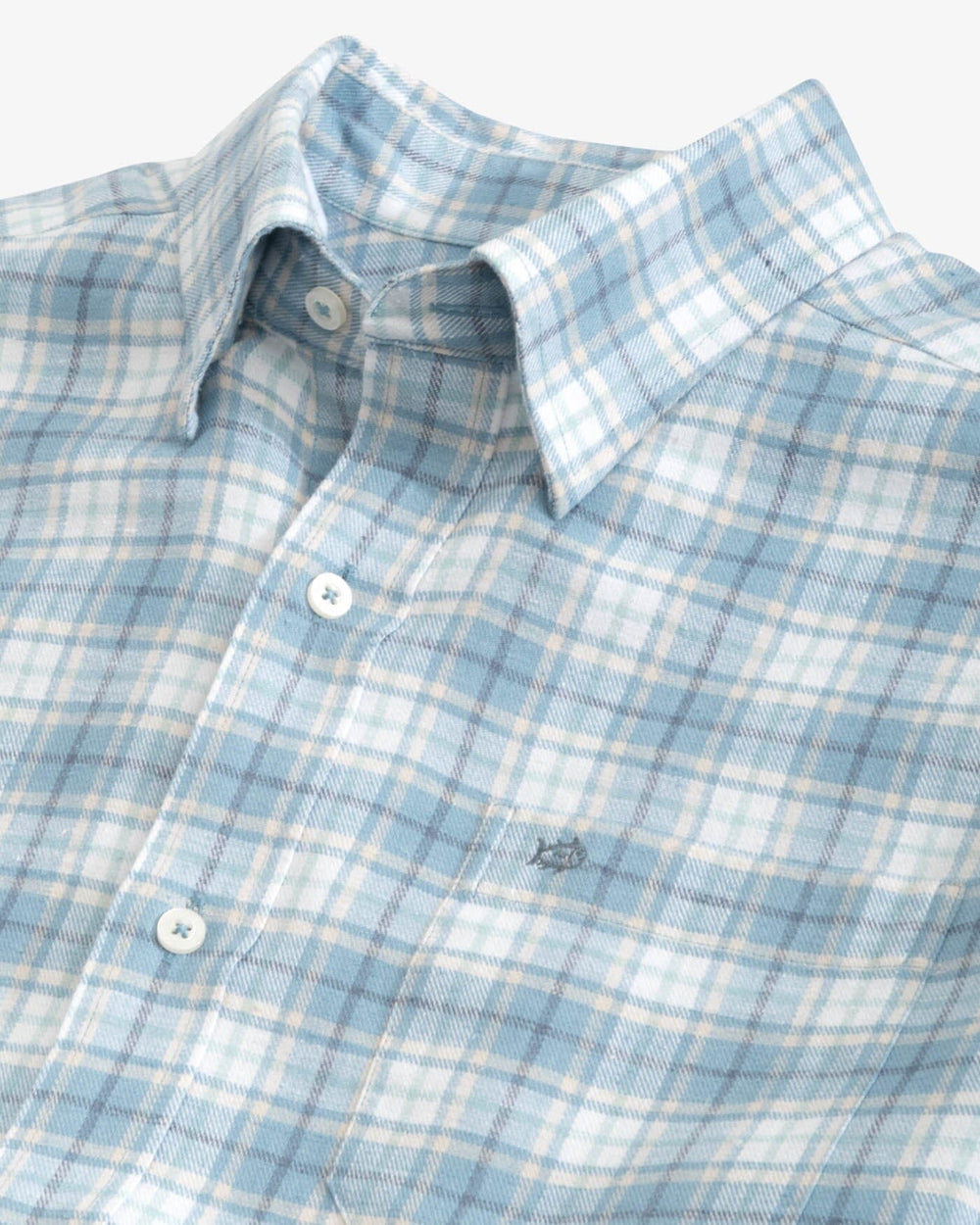 The detail view of the Southern Tide Beach Flannel Heather Howland Plaid Sport Shirt by Southern Tide - Heather Mountain Spring Blue
