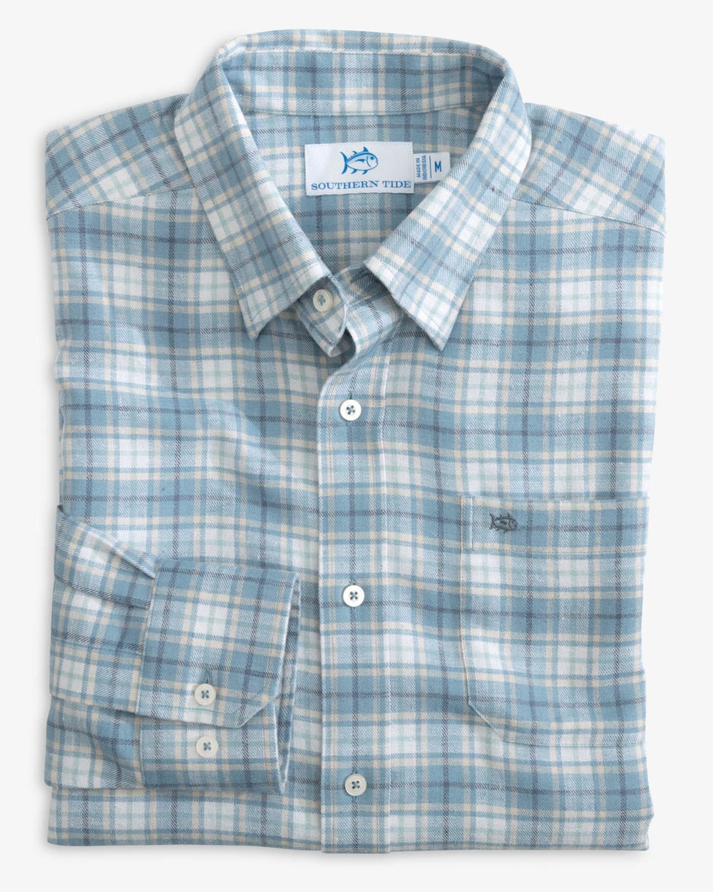 The folded view of the Southern Tide Beach Flannel Heather Howland Plaid Sport Shirt by Southern Tide - Heather Mountain Spring Blue