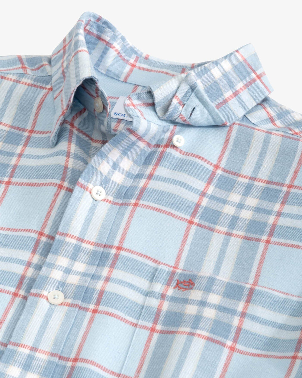 The detail view of the Southern Tide Beach Flannel Heather Reddick Plaid Sport Shirt by Southern Tide - Heather Dream Blue