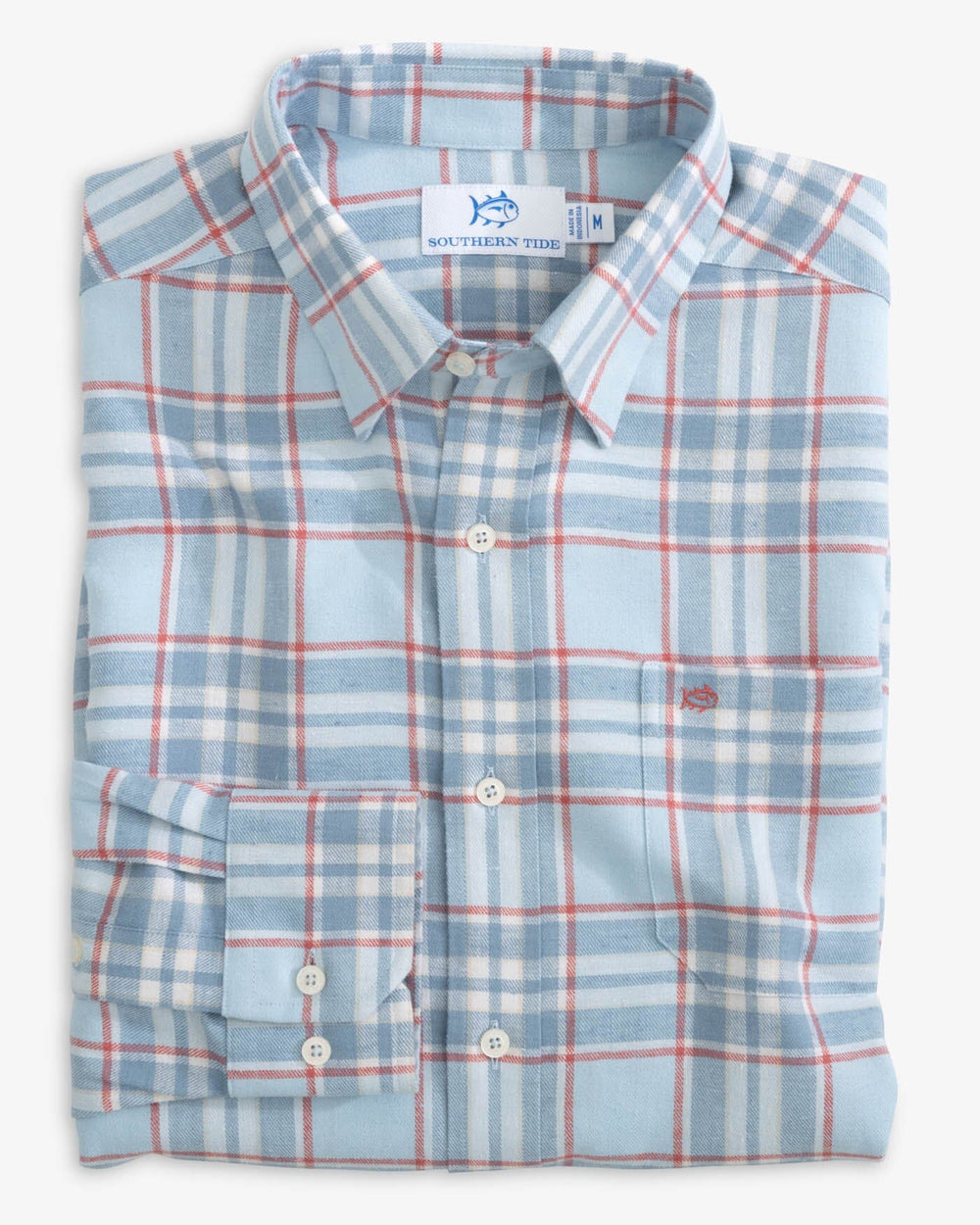 The folded view of the Southern Tide Beach Flannel Heather Reddick Plaid Sport Shirt by Southern Tide - Heather Dream Blue