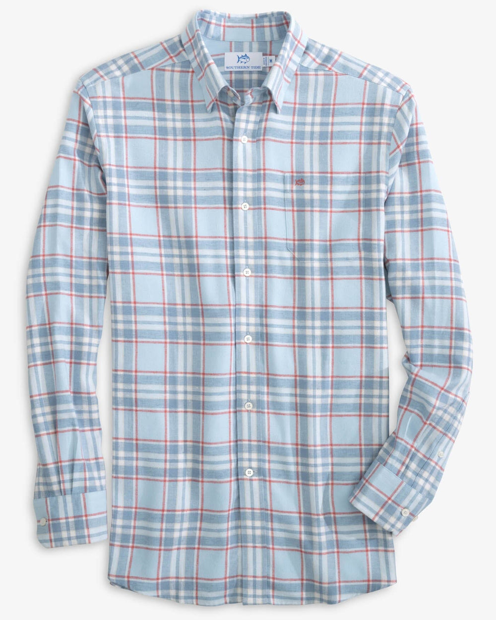 The front view of the Southern Tide Beach Flannel Heather Reddick Plaid Sport Shirt by Southern Tide - Heather Dream Blue