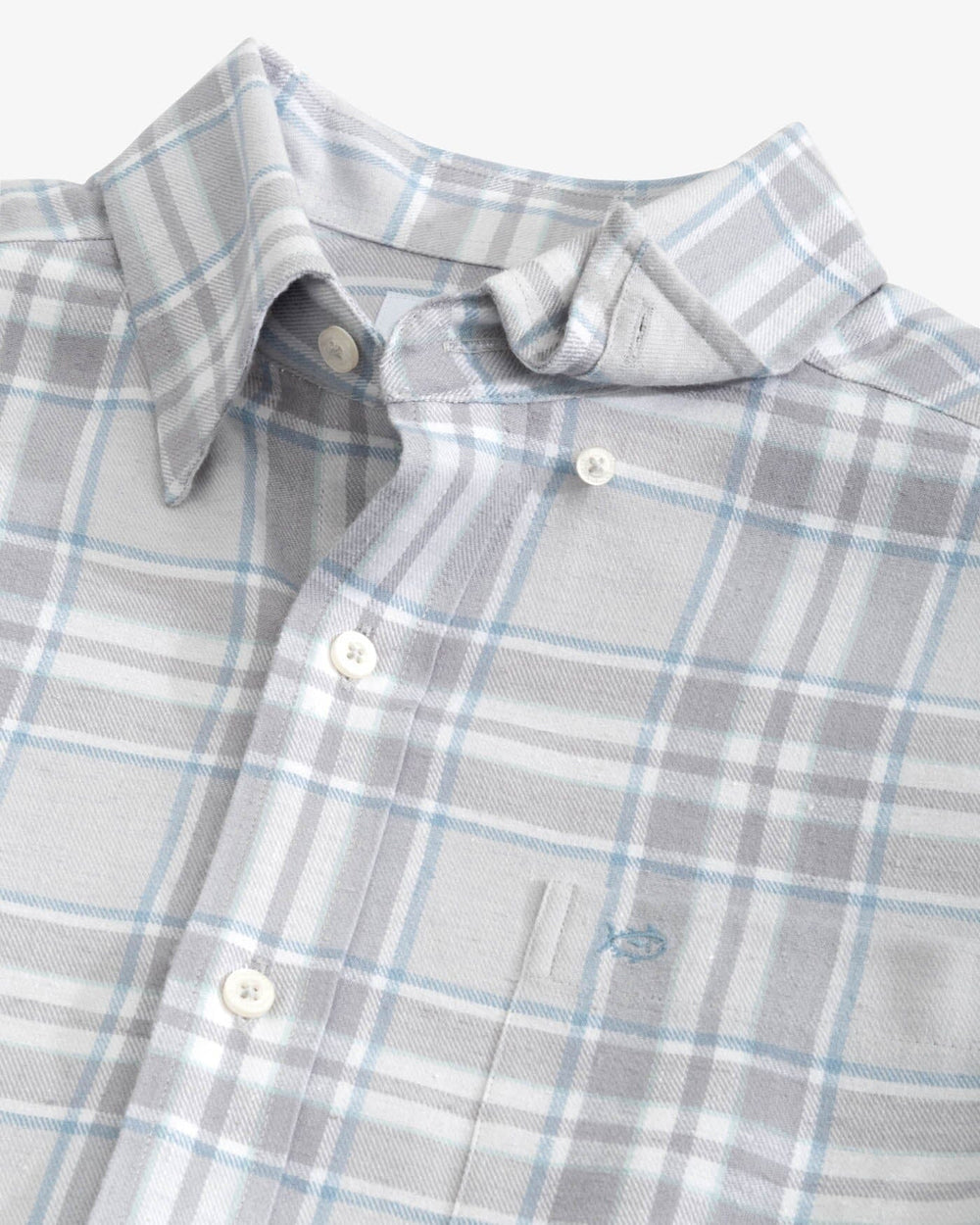 The detail view of the Southern Tide Beach Flannel Heather Reddick Plaid Sport Shirt by Southern Tide - Heather Platinum Grey