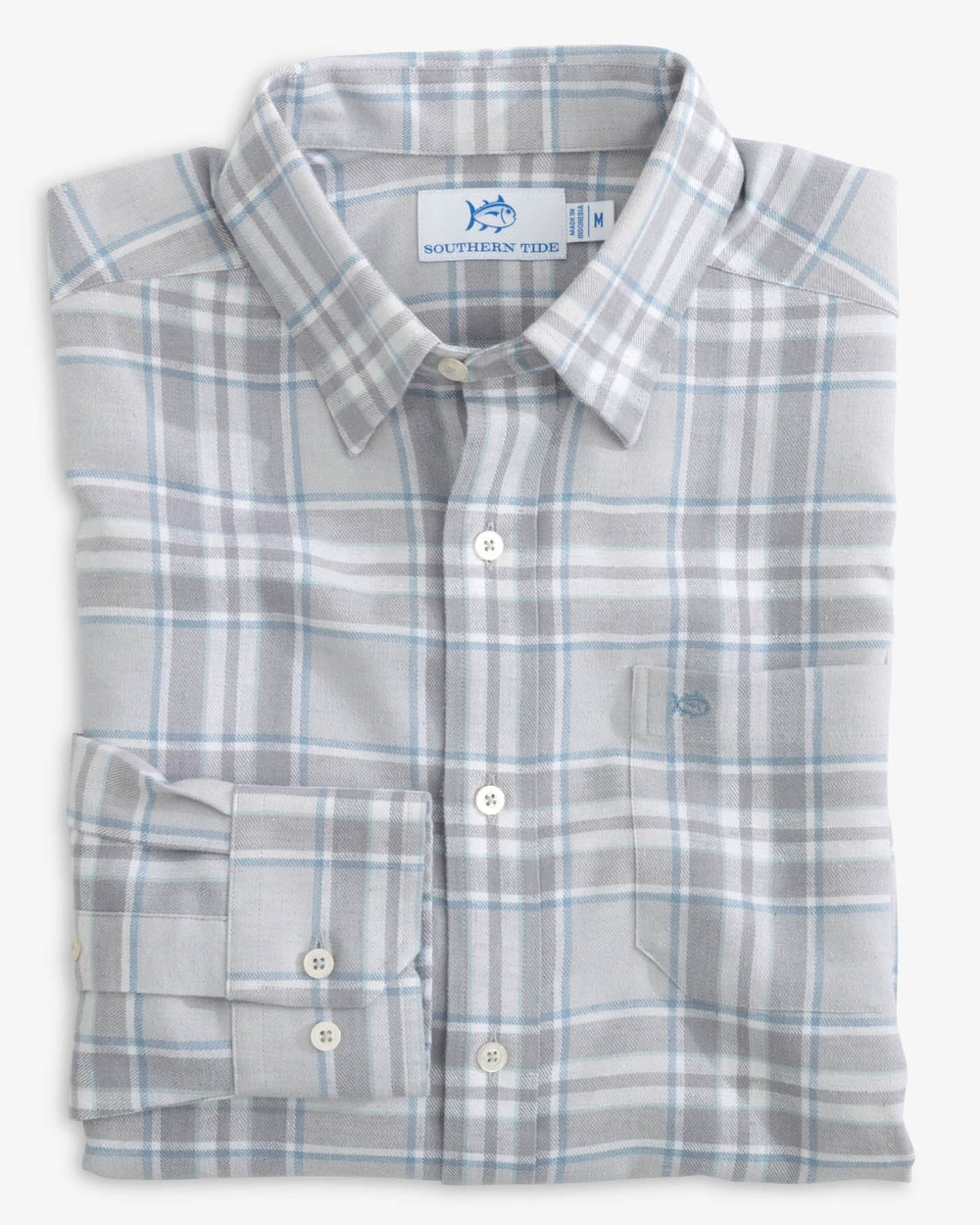 The folded view of the Southern Tide Beach Flannel Heather Reddick Plaid Sport Shirt by Southern Tide - Heather Platinum Grey