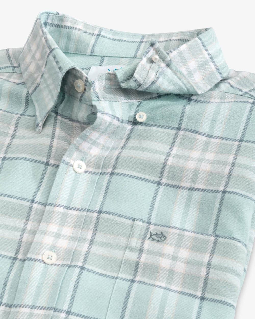 The detail view of the Southern Tide Beach Flannel Heather Reddick Plaid Sport Shirt by Southern Tide - Heather Summer Aqua