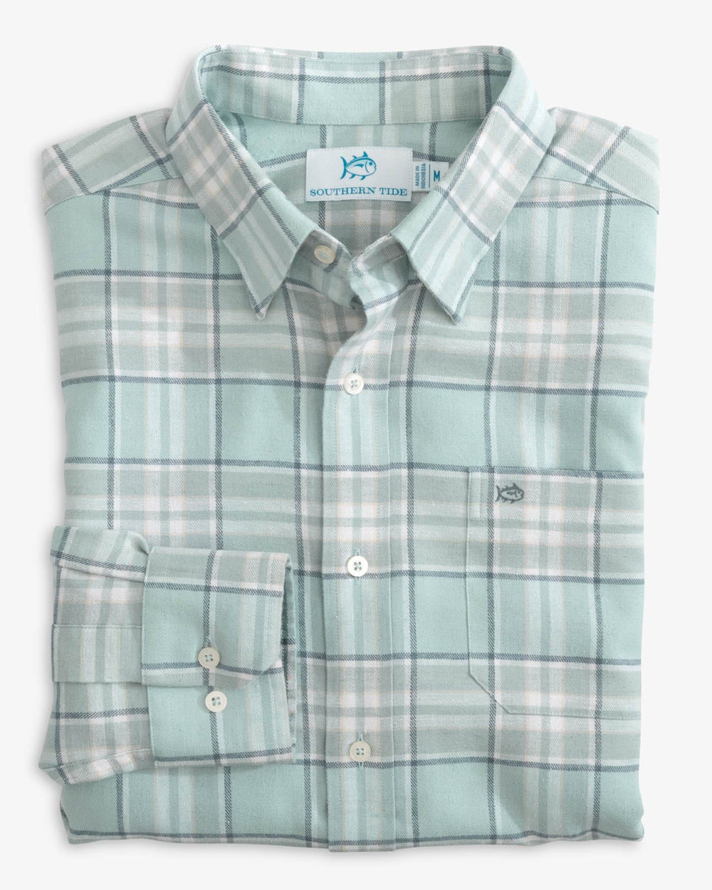 The folded view of the Southern Tide Beach Flannel Heather Reddick Plaid Sport Shirt by Southern Tide - Heather Summer Aqua