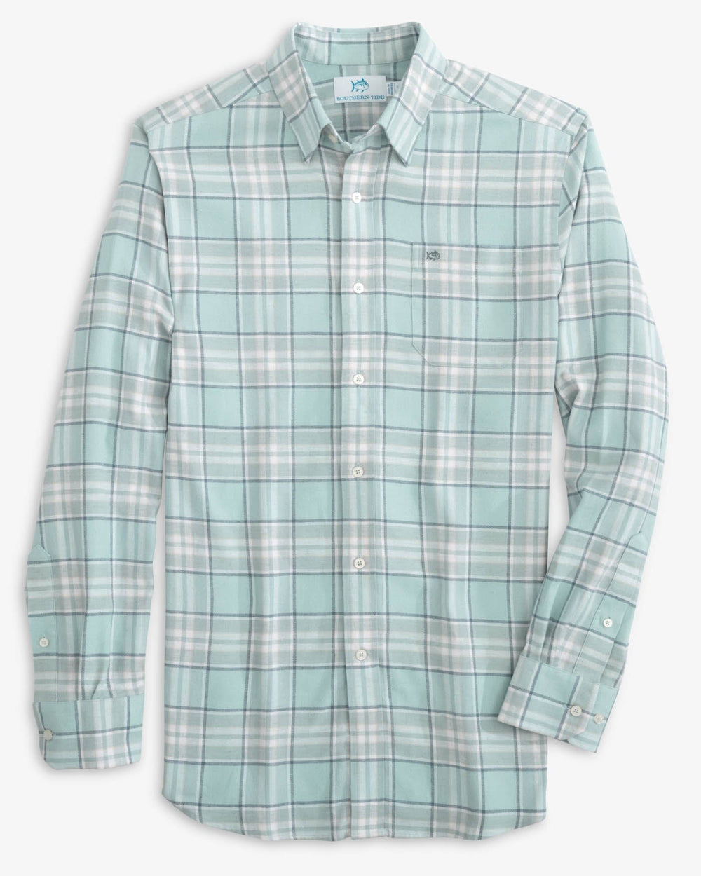 The front view of the Southern Tide Beach Flannel Heather Reddick Plaid Sport Shirt by Southern Tide - Heather Summer Aqua