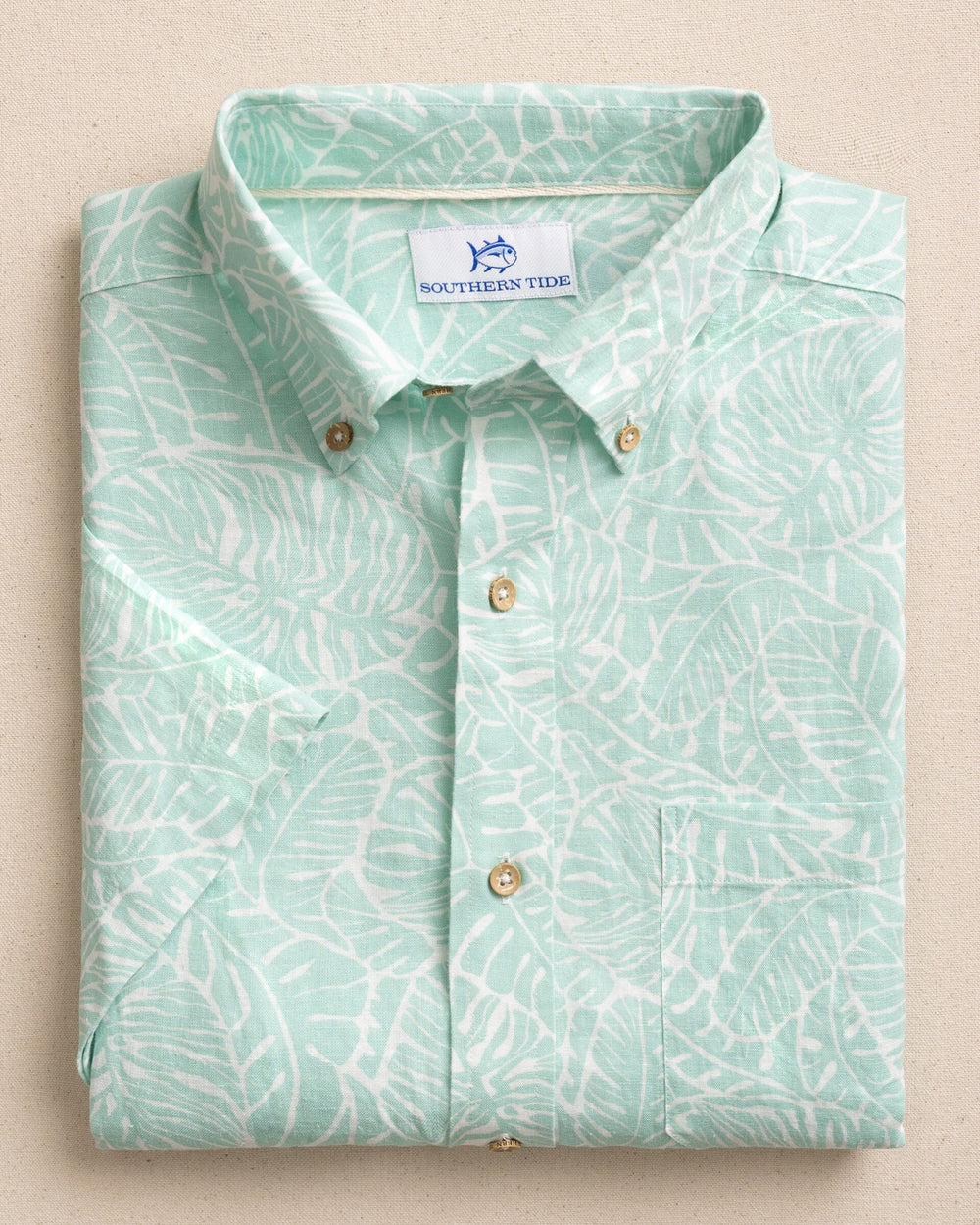 The front view of the Southern Tide Beach Palms Linen Rayon Short Sleeve Sport Shirt by Southern Tide - Garden Grove