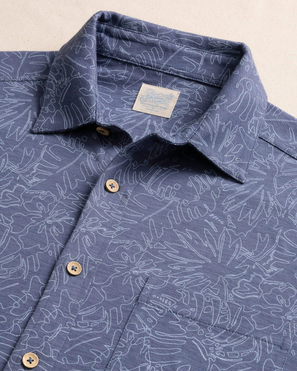 The detail view of the Southern Tide Beachcast Floral Fusion Knit Short Sleeve Sport Shirt by Southern Tide -  Light Indigo