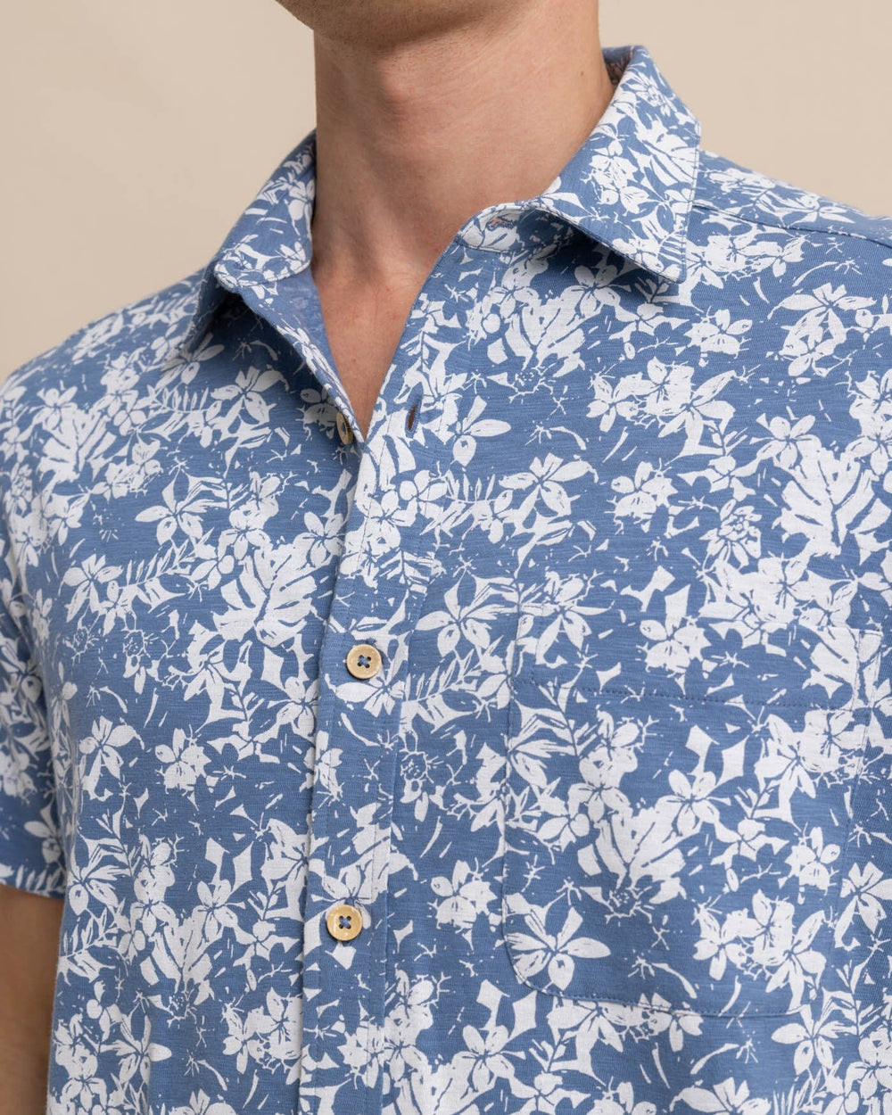 The detail view of the Southern Tide Beachcast Island Blooms Knit Short Sleeve Sport Shirt by Southern Tide - Coronet Blue