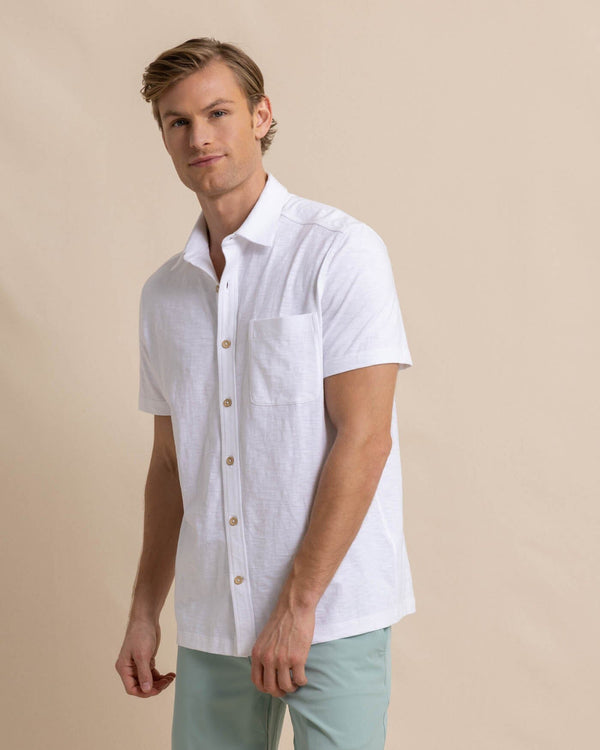 The front view of the Southern Tide Beachcast Solid Knit Short Sleeve Sport Shirt by Southern Tide - Classic White