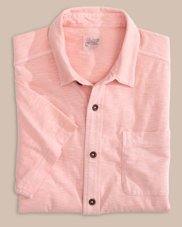 The front view of the Southern Tide Beachcast Solid Knit Short Sleeve Sport Shirt by Southern Tide - Pale Rosette Pink