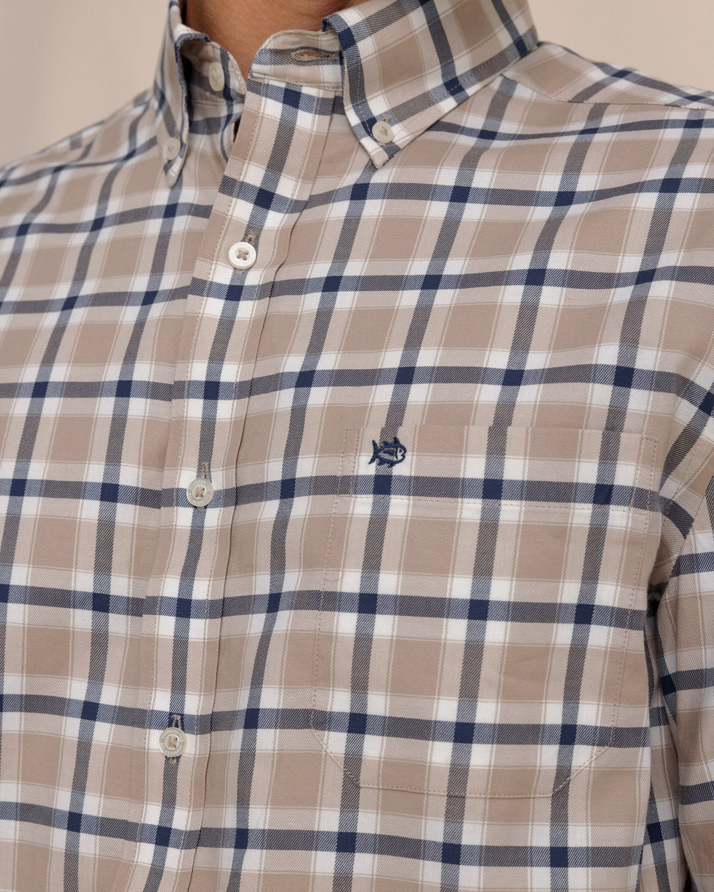 The detail view of the Southern Tide Beachrock Plaid Skipjack Long Sleeve Sport Shirt by Southern Tide - Sandstone Khaki