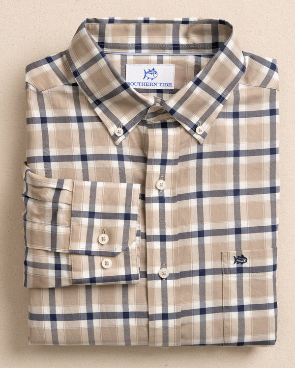 The front view of the Southern Tide Beachrock Plaid Skipjack Long Sleeve Sport Shirt by Southern Tide - Sandstone Khaki