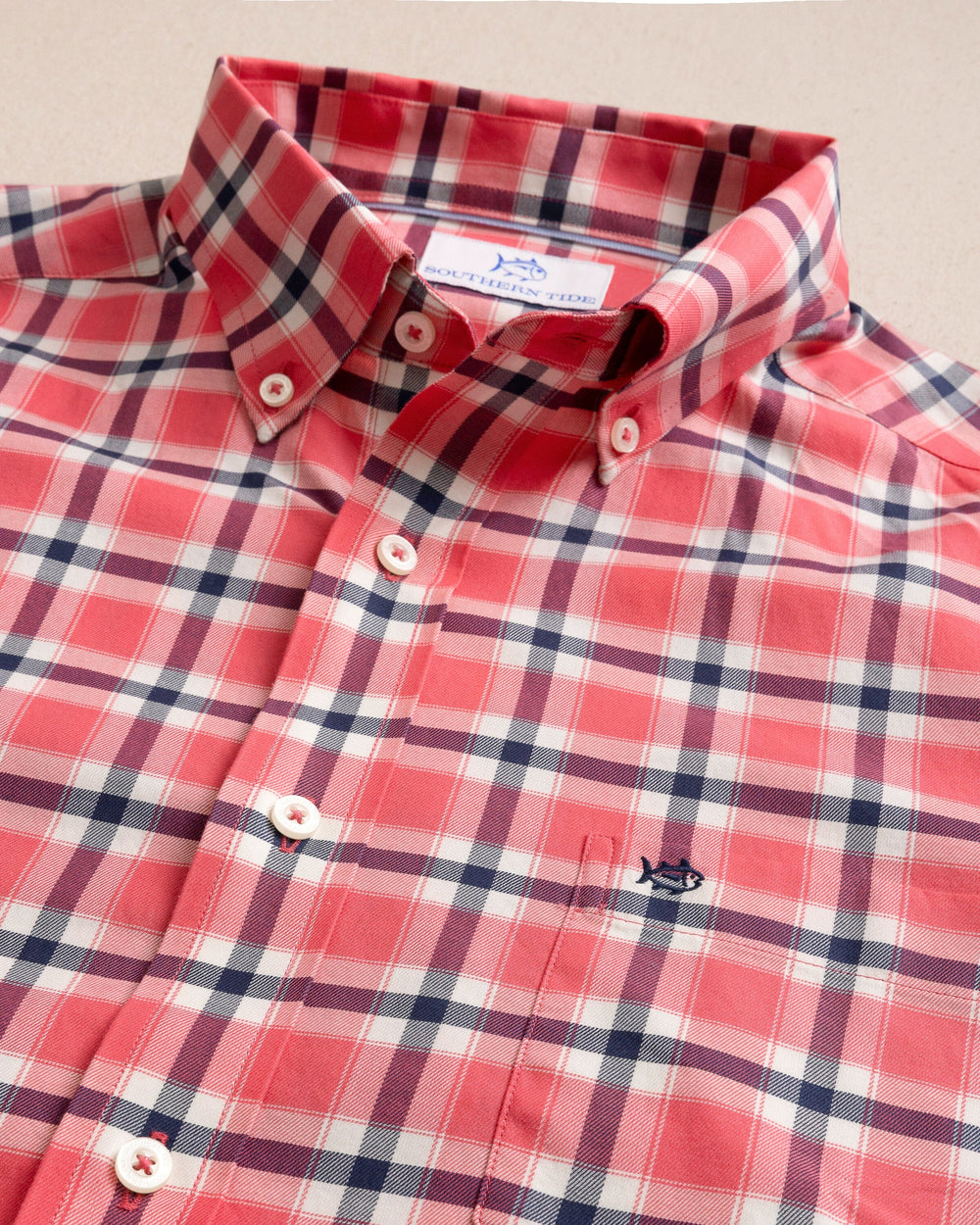 The detail view of the Southern Tide Beachrock Plaid Skipjack Long Sleeve Sport Shirt by Southern Tide - Snapper