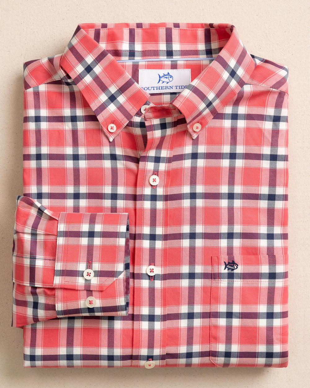 The front view of the Southern Tide Beachrock Plaid Skipjack Long Sleeve Sport Shirt by Southern Tide - Snapper