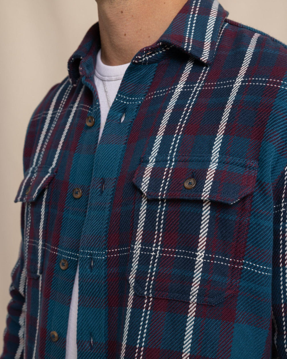 The detail view of the Southern Tide Beachwood Plaid Twill Long Sleeve Shirt by Southern Tide - Dress Blue