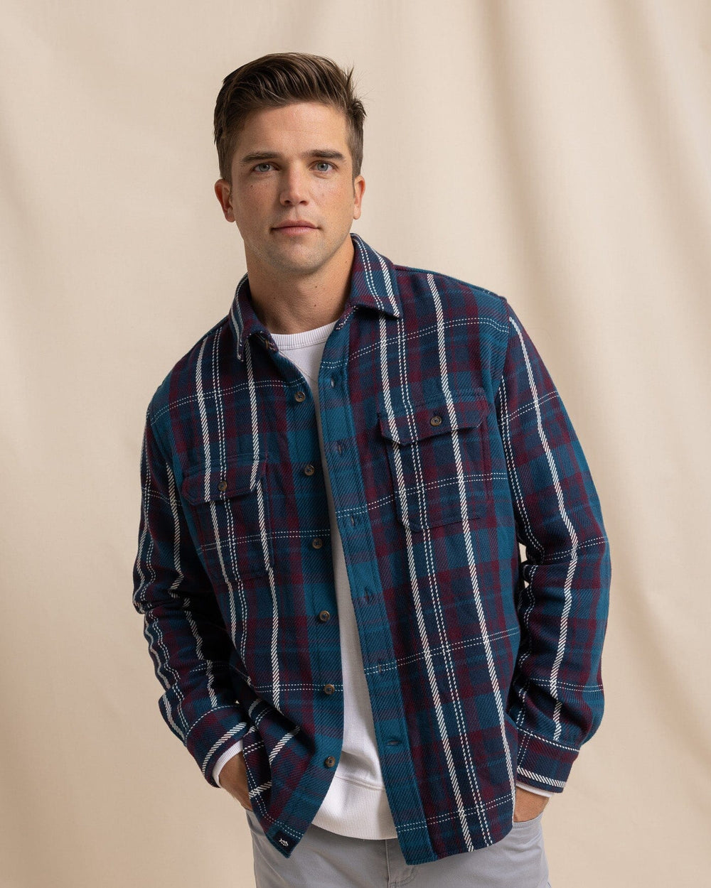 The front view of the Southern Tide Beachwood Plaid Twill Long Sleeve Shirt by Southern Tide - Dress Blue