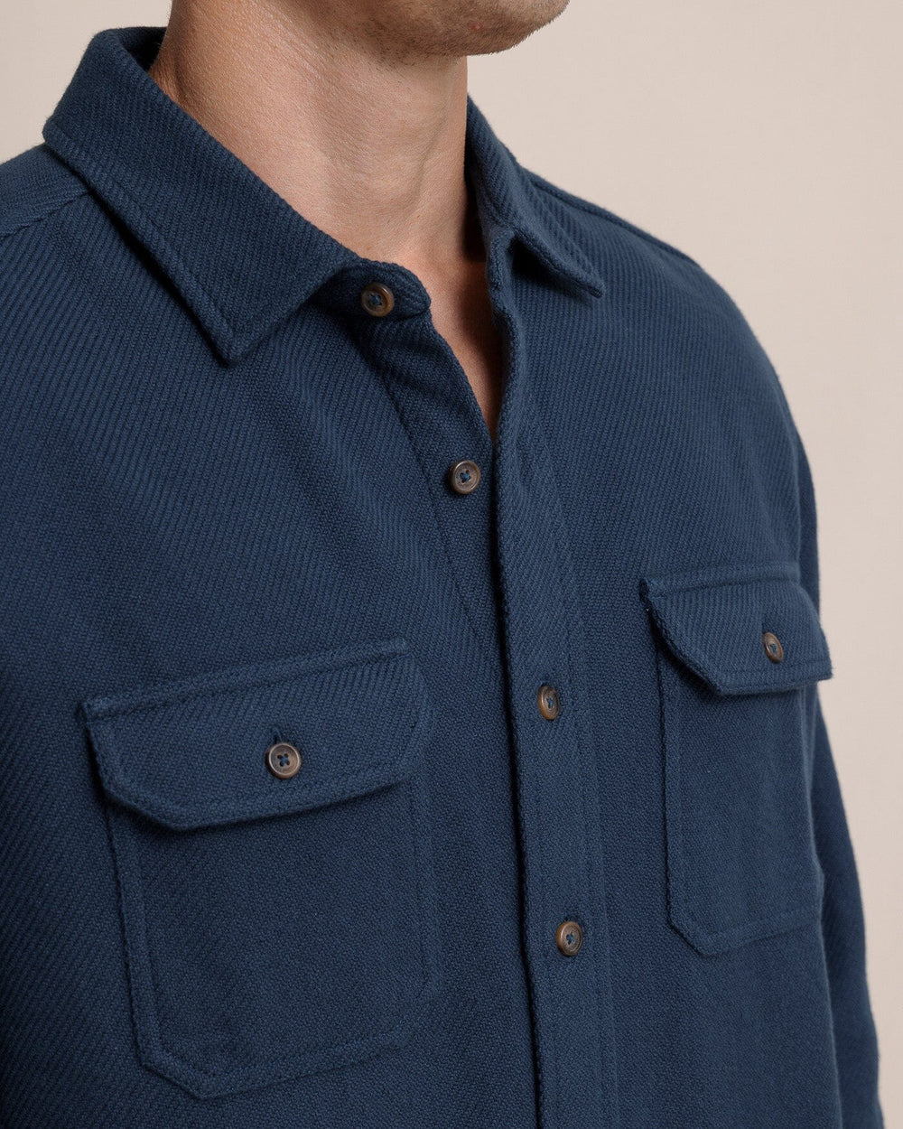 The detail view of the Southern Tide Beachwood Solid Twill Long Sleeve Shirt by Southern Tide - Dress Blue