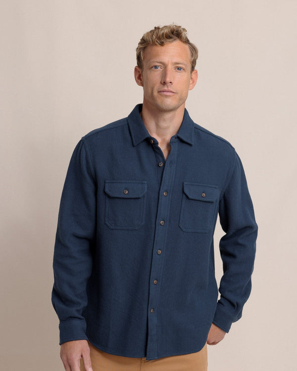 The front view of the Southern Tide Beachwood Solid Twill Long Sleeve Shirt by Southern Tide - Dress Blue