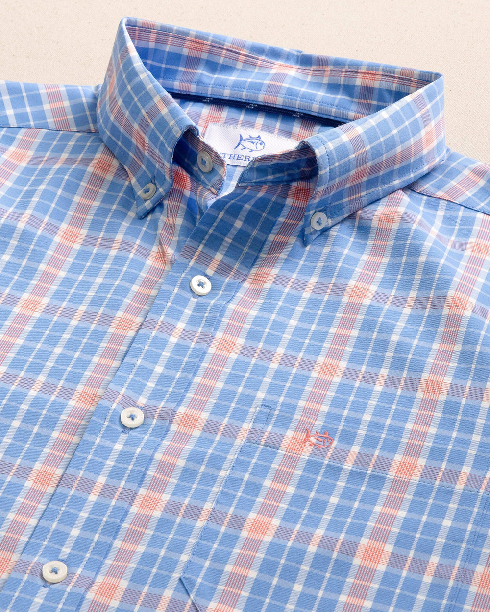 The detail view of the Southern Tide Beckenham Plaid Intercoastal Long Sleeve Sport Shirt by Southern Tide - Boat Blue