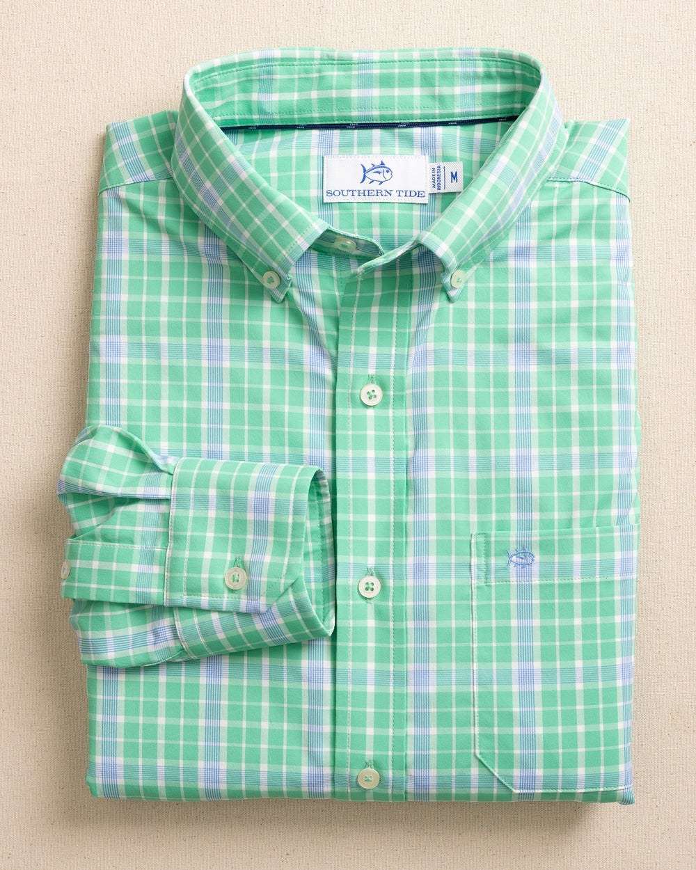 The front view of the Southern Tide Beckenham Plaid Intercoastal Long Sleeve Sport Shirt by Southern Tide - Jade Green