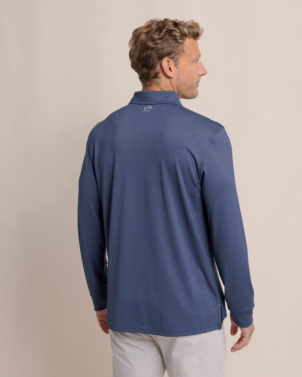 The back view of the Southern Tide Belfair Performance Long Sleeve Polo by Southern Tide - Light Indigo