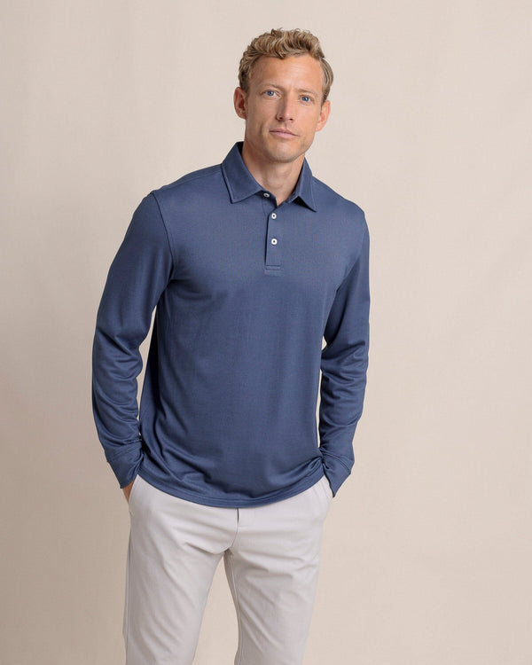 The front view of the Southern Tide Belfair Performance Long Sleeve Polo by Southern Tide - Light Indigo