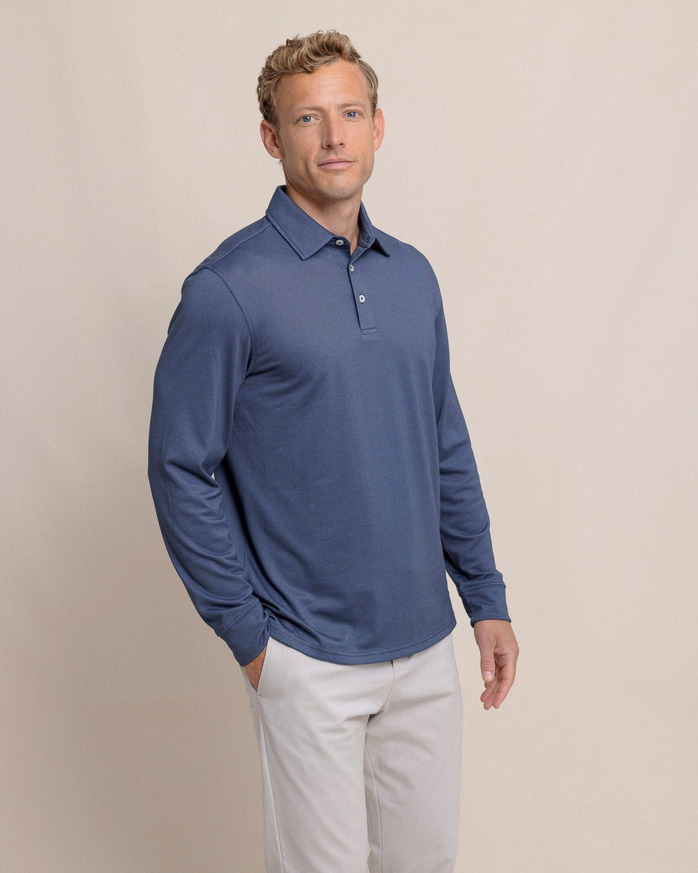 The front view of the Southern Tide Belfair Performance Long Sleeve Polo by Southern Tide - Light Indigo