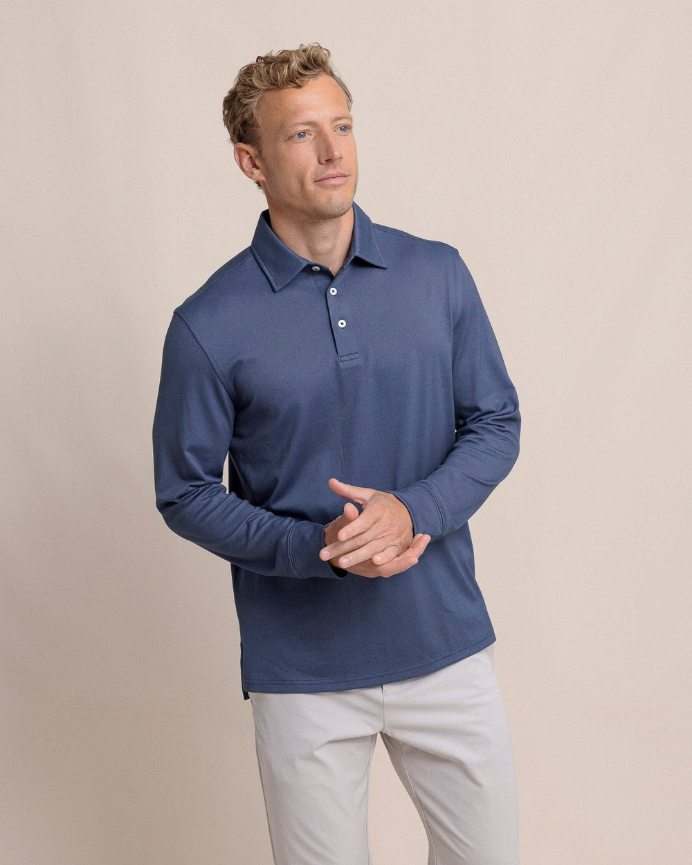 The front view of the Southern Tide Belfair Performance Long Sleeve Polo by Southern Tide - Light Indigo