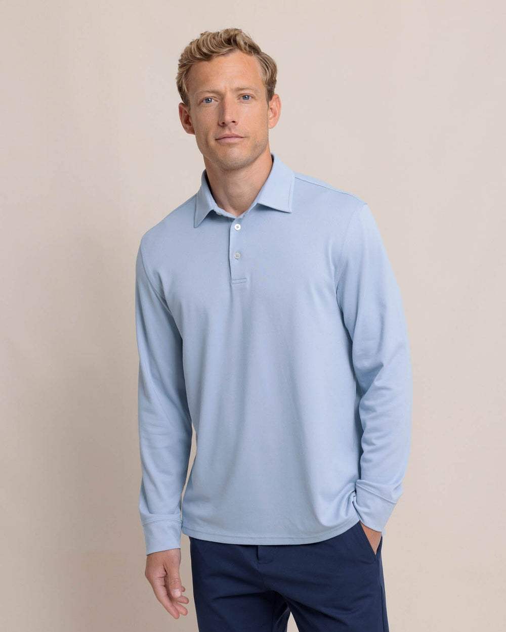 The front view of the Southern Tide Belfair Performance Long Sleeve Polo by Southern Tide - Triumph Blue