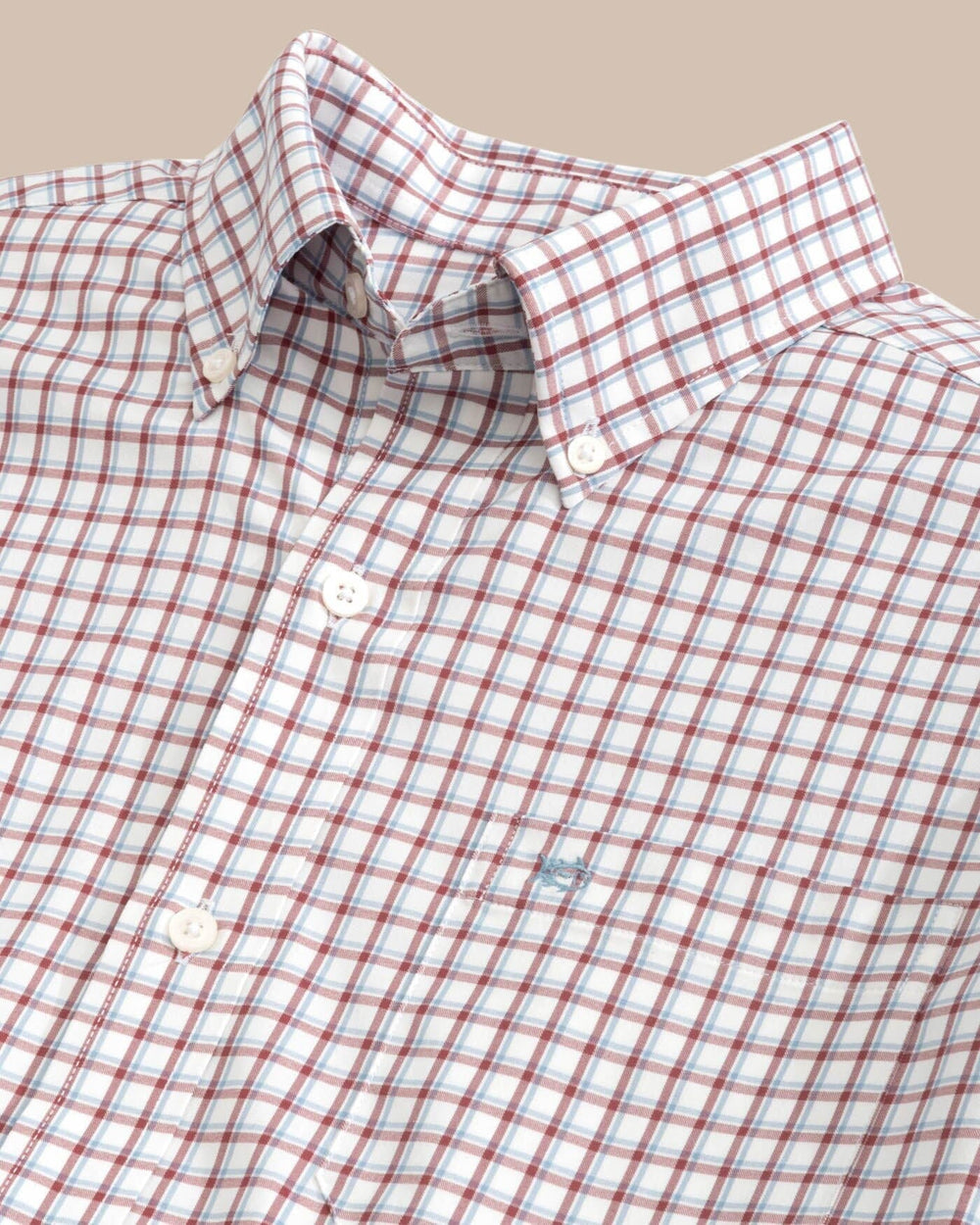 The detail view of the Southern Tide Bellevue Plaid Sport Shirt by Southern Tide - Tuscany Red