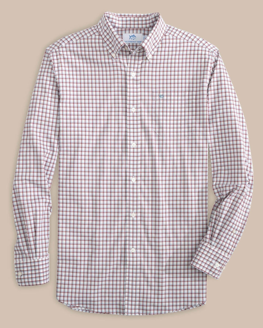 The front view of the Southern Tide Bellevue Plaid Sport Shirt by Southern Tide - Tuscany Red