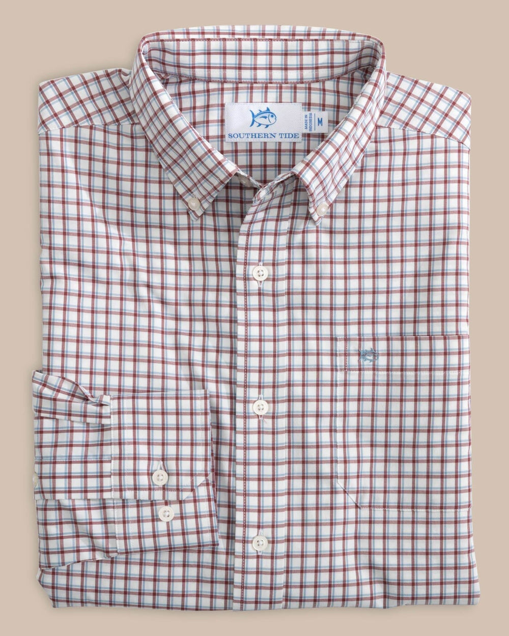The folded view of the Southern Tide Bellevue Plaid Sport Shirt by Southern Tide - Tuscany Red