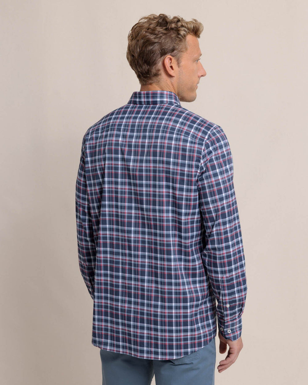 The back view of the Southern Tide Bellinger Intercoastal Plaid Long Sleeve Sport Shirt by Southern Tide - Dress Blue