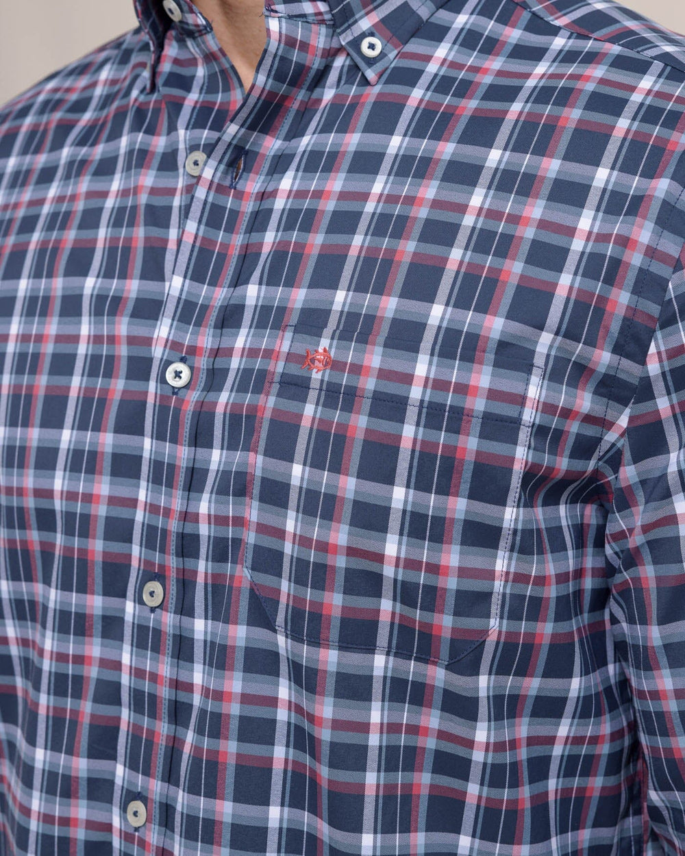 The detail view of the Southern Tide Bellinger Intercoastal Plaid Long Sleeve Sport Shirt by Southern Tide - Dress Blue